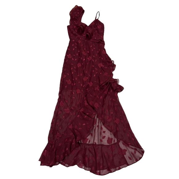 Lulus Womens XS Forever Be Burgundy Floral Jacquard Ruffles Maxi Dress Cocktail - Picture 3 of 11